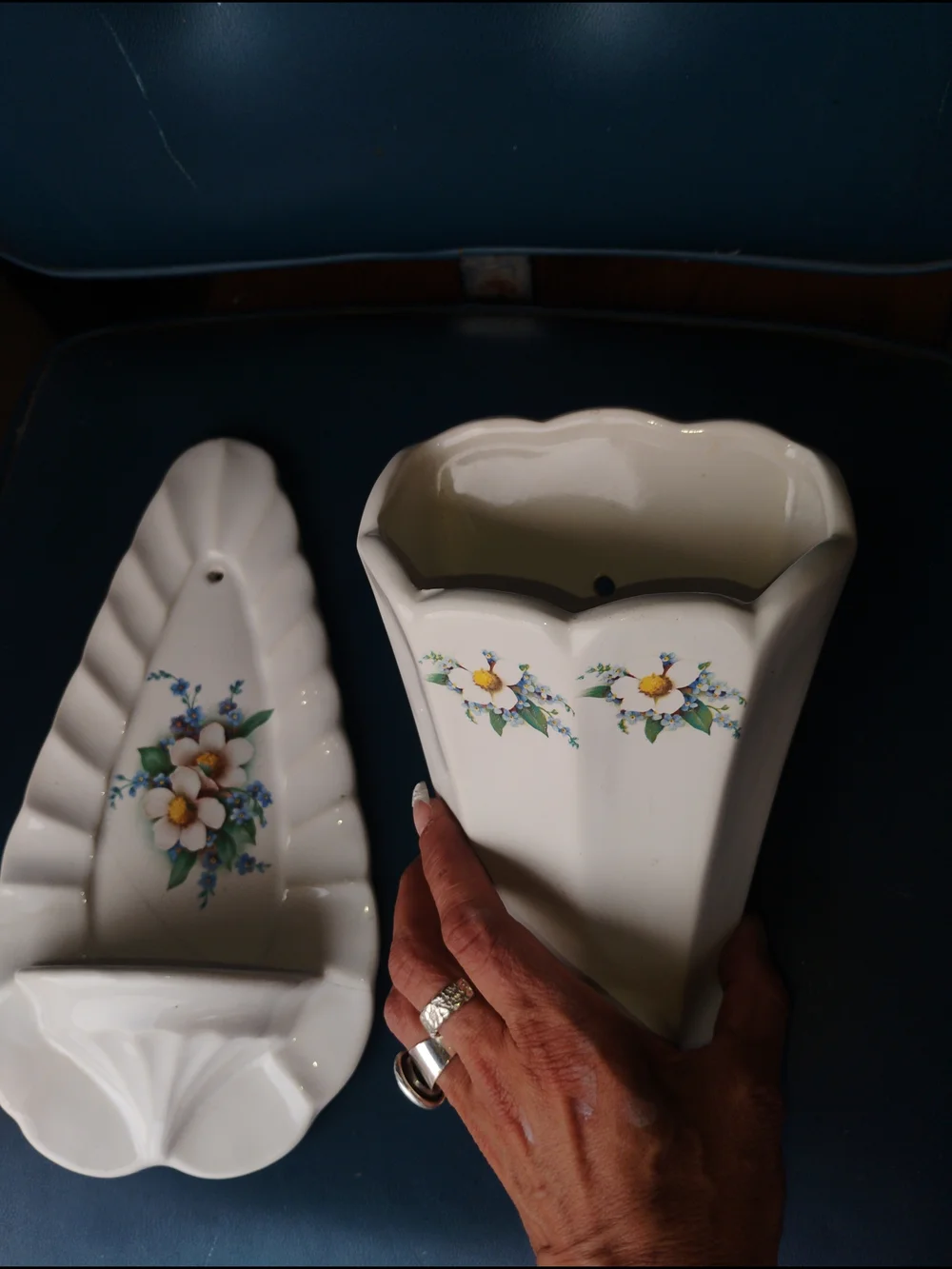 Vintage Mccoy White Ceramic Floral Wall Pockets with Yellow-Centered Blooms